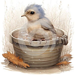 Tiny Birdie Taking a Cute Bath, AI Generated