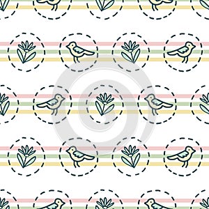 Tiny Birds Dotty StripesSeamless Vector Pattern. Spring Green Flower Circles.