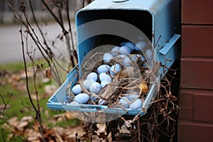 a tiny birds nest with blue eggs nestled in a mailbox