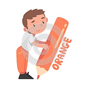 Tiny Boy Holding Huge Orange Pencil, Cute Kid Drawing with Large Crayon Cartoon Style Vector Illustration