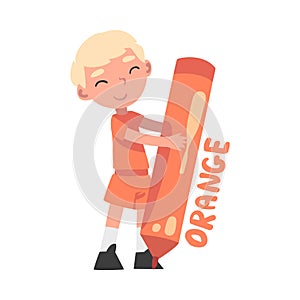 Tiny Boy Holding Huge Orange Pencil, Cute Kid Wearing Orange Clothes Drawing with Large Crayon Cartoon Style Vector