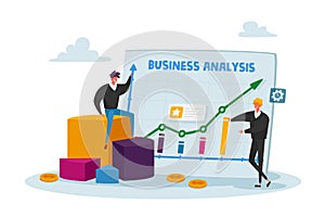 Tiny Business Characters Stand at Huge Analytics Graph with Growing Arrow and Financial Statistics, Analysing Big Data