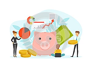 Tiny Business People and Huge Piggy Bank, Finance Investment and Planning Concept, Accounting and Auditing Service Flat