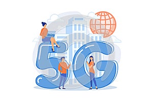 Tiny business people with mobile devices using 5g technology. 5g network, next generation connectivity,