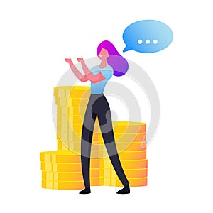 Tiny Businesswoman Character Stand at Huge Golden Coins Pile with Speech Bubble. Upsell, Money Investment, Refinance