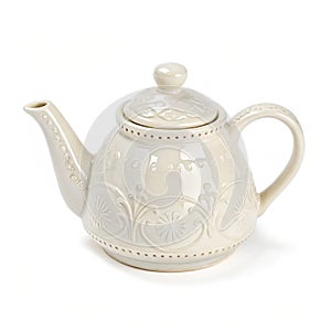 Tiny ceramic tea kettle isolated on white background