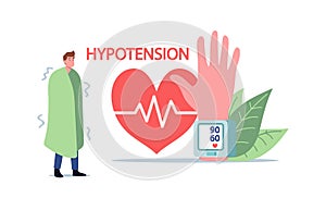Tiny Character with Fever Hypotension Symptom at Huge Hand with Wrist Tonometer Cuff Measuring Arterial Blood Pressure photo