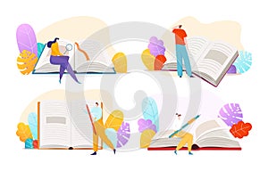 Tiny character woman hold magnifying glass read book, man writing material, education stuff flat vector illustration