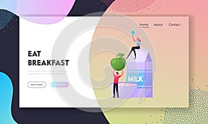 Tiny Characters Cooking Healthy Breakfast Together Having Fun Landing Page Template. Family Couple Lifestyle Apple, Milk