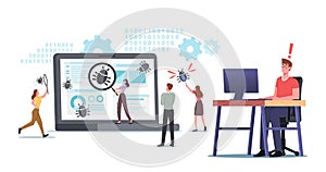 Tiny Characters Fix Bugs on Huge Pc. Software Development for Digital Device. Process of Optimization, Debugging Program