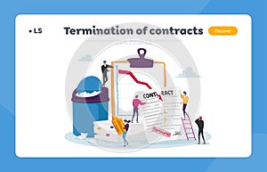 Tiny Characters at Huge Document Tear Terminated Contract Landing Page Template. Woman with Stamp at Scattered Papers