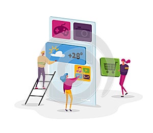 Tiny Characters at Huge Mobile Phone Develop Application. Ui Development Process. Software Api Prototyping and Testing