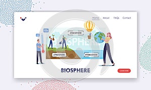 Tiny Characters Presenting Earth Biosphere Infographics. Landing Page Template. Atmosphere, Lithosphere and Hydrospehre photo