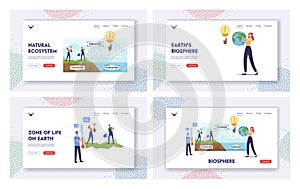 Tiny Characters Presenting Earth Biosphere Infographics. Landing Page Template Set. Atmosphere, Lithosphere, Hydrospehre photo