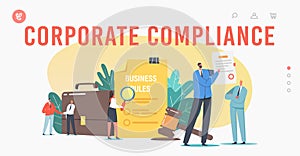 Tiny Characters Read Corporate Compliance Rules Landing Page Template. Representation of Business Laws, Regulations