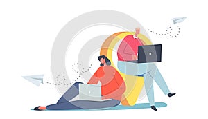 Tiny Characters Work at Huge Navigation Pin. Outsourcing Business Process Concept, Outplacement, Software Development