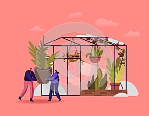 Tiny Characters Working in Winter Garden Concept. People Carry Huge Potted Plant, Planting Flowers in Greenhouse