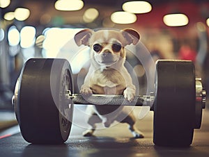 A tiny chihuahua with a dumbbell humorously portrays the concept of \'small but mighty\' in a gym setting