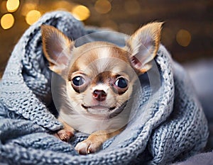 A tiny Chihuahua nestles in a cozy blanket, its eyes brimming with adoration and warmth