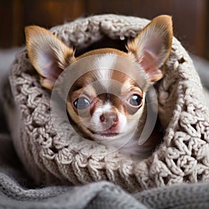 A tiny Chihuahua nestles in a cozy blanket, its eyes brimming with adoration and warmth