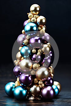 a tiny Christmas tree from balls, decorated for New Year\'s holiday, on a dark background, winter season