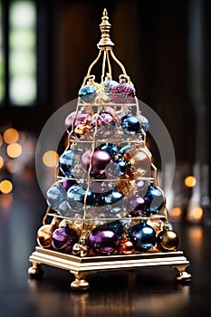 a tiny Christmas tree from balls, decorated for New Year\'s holiday, on a dark background, winter season
