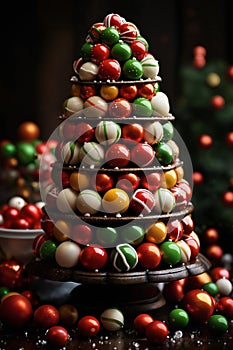 a tiny Christmas tree from balls, decorated for New Year\'s holiday, on a dark background, winter season