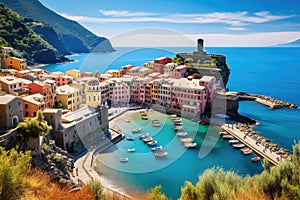 Tiny Coastal Village Resting on Waters Edge, View of the famous travel landmark destination Vernazza, a small Mediterranean old