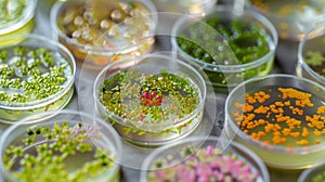 Tiny colorful microalgae are seen in a Petri dish being studied in a lab dedicated to biomaterials research. The