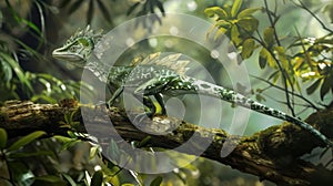 A tiny Compsognathus perched on a tree branch its camouflaged green feathers making it nearly invisible a the forest