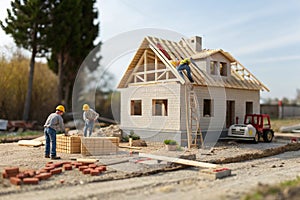 Tiny Construction Workers Building a House