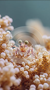 Tiny crab amid soft pink coral underwater photo