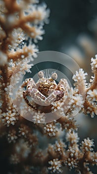 Tiny crab perched on soft coral branches underwater photo