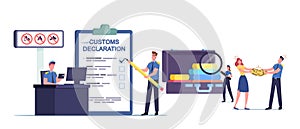 Customs Officer Characters Filling Customs Declaration and Check Passenger or Tourist Baggage Confiscate Illegal Things
