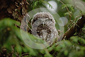 Tiny Cute baby owl in forest. Generate ai