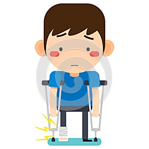Tiny cute cartoon patient man character broken right leg in gypsum bandage or plastered leg standing with axillary crutch photo
