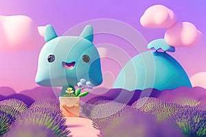 Tiny cute character harvesting flower in lavender field digital illustration