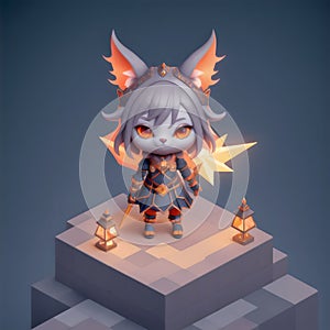 Tiny cute figure of scandinavian godess Freyja as a fox, 3D concept suitable as game development graphic resource, AI photo
