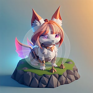 Tiny cute figure of scandinavian godess Freyja as a fox, 3D concept suitable as game development graphic resource, AI photo