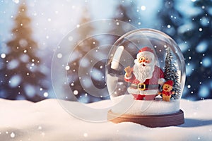 Tiny cute Santa Claus contained within a sphere glass bottle on snow background