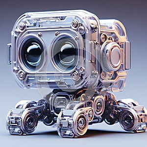 A tiny cute translucent polycarbonate sci-fi robot.