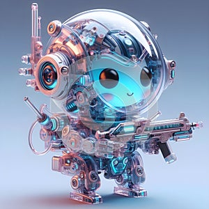 A tiny cute translucent polycarbonate sci-fi robot.