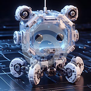 A tiny cute translucent polycarbonate sci-fi robot.