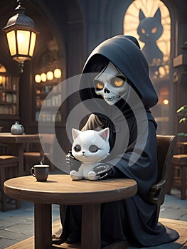 A tiny dark witch enjoying his coffee accompanied by a cat
