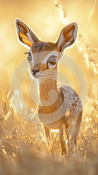 A tiny dik-dik antelope cautiously stepping through the golden grasslands, its large eyes full of curiosity