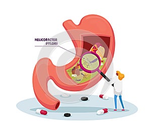 Tiny Doctor Character with Huge Magnifying Glass Learning Sick Stomach with Helicobacter Pylori Disease or Gastritis