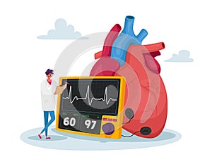 Tiny Doctor Character Stand at Huge Human Heart Measure Pulse and Control Cholesterol Level with Device for Diagnose