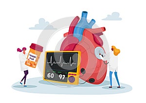 Tiny Doctor Characters at Huge Human Heart Measure Pulse with Stethoscope and Cholesterol Level for Diagnose, Treatment