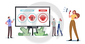 Tiny Doctor and Patient Characters at Huge Infographics Presenting Normal and Diseased Vocal Cords with Laryngitis