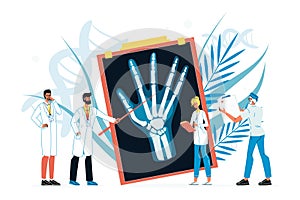 Tiny doctor team council about hand injury on x-ray